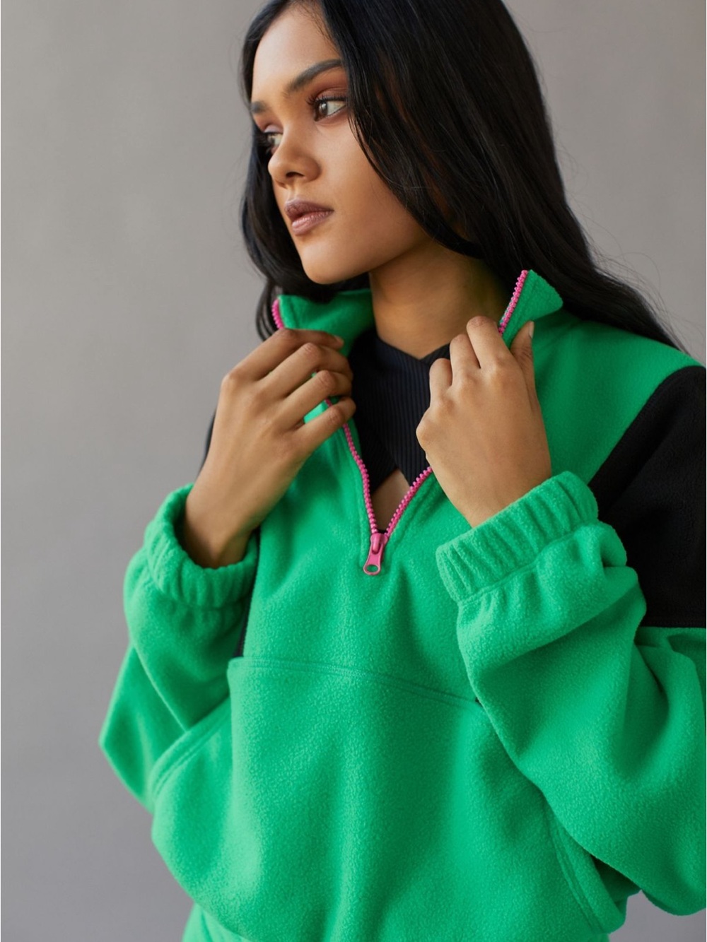 Green Half-Zip Fleece Pullover with Pink Zip, Year of Ours size Small